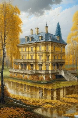 19th century. Mesmerizing, ultra-realistic nature - golden autumn, THERE IS A HEAVY downpour. In the background is a Russian manor of a landowner on one floor. The building is wooden on the 1st floor.