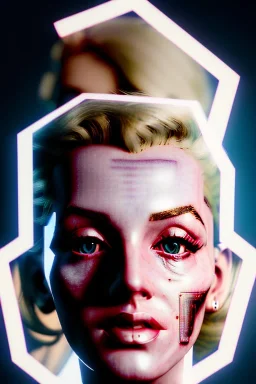 Ultra Realistic image, portrait, blonde woman, sweet Marylin Monroe face, perfect iris, glow eyes, glow makeup. Cyborg, Cyberpunk style, oversized transparent latex coat, yakuza tattoos body. fog, rain, soft color, highly detailed, unreal engine 5, ray tracing, RTX, lumen lighting, ultra detail, volumetric lighting, 3d, finely drawn, high definition, high resolution.