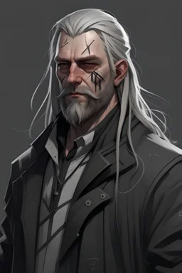 early 20s Caucasian male, long loose white hair ,braided beard, chiseled jaw, the man has no mustache, Nordic nose, jagged black line tattoos on each side of the face overlapping each other as an x, cyberpunk open black trench coat lazy dress shirt loosened tie, white iris with 6 black dots, lanky yet built, holding a throwing knife in one hand, cocky smirk, neon city backdrop in the pouring rain, watercolor
