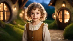 little young hobbit girl toddler, beautiful, confident, calm, wise, happy, innocent, facing camera, head and shoulders, curly hair, hobbit clothing, perfect eyes, LOTR village, hobbit homes with circular windows and circular doors, night scene, stars, fireflies, 16k artistic photography, exquisite composition, photorealistic concept art, soft natural volumetric light, chiaroscuro, award-winning photograph, masterpiece, style William-Adolphe Bouguereau