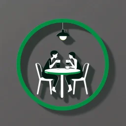A circular logo with a distinctive green border, in the center of which are two people sitting at a two-person table drinking coffee with a light on above their heads.