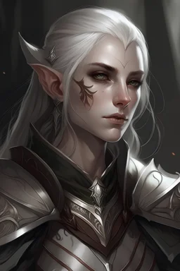 Elf in leather armor, 25 years old, murder with mouth mask, thin shoulders, white hair, brown eyes, ((best quality)), ((art)), (detailed), ((perfect face))) , (( (Artwork)))