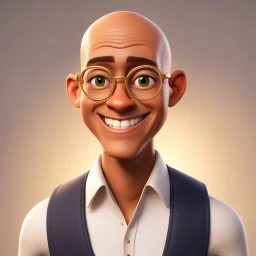 a portrait of smiling man. caricature. a bit bald hair. brown skin. black eye pupils. circle eyeglasses with thin gold frame. oblong face shape. white shirt with black vest. pixar style. 3D. 4k. portrait. highly detailed. sharp focus. high resolution. full color. cinema lighting