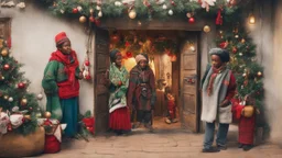 Setting: The scene unfolds at the entrance of a cozy Ethiopian home decorated for Christmas. The door is adorned with festive decorations such as twinkling lights, a wreath, and possibly traditional Ethiopian holiday decor. Characters: The three best friends consist of one woman and two men. They are all dressed in comfortable and stylish winter clothing with a touch of cultural elements. Activities: The friends are gathered by the door, engaging in lively conversation and laughter. They shar