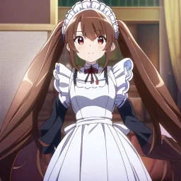 Clear focus, High resolution, Rough line, cute, anime style, red eyes, sparkling eyes, brown hair, red eyes, wearing a maid outfit, long twin tails, long bangs, anime screencap, choppy long bangs