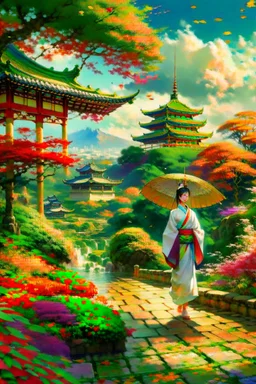 serene and captivating scene of a graceful Japanese woman dressed in an exquisitely designed white kimono adorned with colorful flower patterns. She gently carries a traditional Japanese umbrella as she walks towards a majestic temple. The background showcases a breathtaking panorama of the viewer's landscape, with the temple appearing in the distance. Surrounding the temple, lush green plants and blooming flowers add a touch of vibrant color amidst the pastel yellow and orange hues of the sunri