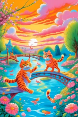 in the center: beautiful chunky cats dancing on a bridge , background: landscape, first plan: pink flowers and a small river with blue water, sky: orange clouds