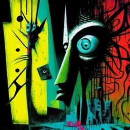 Style by Dave McKean and Ray Johnson and Phlegm, surreal abstract art, neon colors, nightmare residues, unnatural shy anthropomorphic weirdling, unsettling, asymmetric abstractions, juxtaposition of the uncanny and banal, diagonal composition, sharp focus, never seen before strange foreign animation