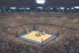 a Pokémon wrestling stadium with many lights and a big crowd, cell shading