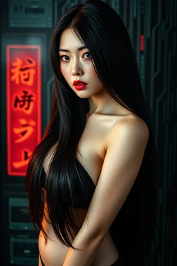 Beautiful Japanese woman, very long black hair, very serious, scared, red lips, black eyes, nice body, big bubs, with dark and gloomy technological background, high image quality, good understanding of artificial intelligence to create the image.