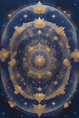 Generate a celestial-themed mandala with deep blue hues, accented by shimmering gold and silver details. Emphasize symmetry and intricate patterns inspired by cosmic elements