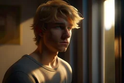 An atmospheric portrait of an athletic teen boy with honey brown eyes, short and messy golden blond hair, cute, innocent and thoughtful, leaning against a window, a hint of facial hair, sleeveless shirt, inside an empty room with warm sunlight streaming in, detailed, high definition, 4K, 8K, quality render