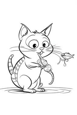 cartoon cat eating a fish. simple thin crisp lines. kids. no shading. no color