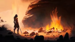 Paleolithic landscape with man and fire