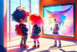 cute chibi holographic girl and boy looking at a picture about a red bull happily at an exhibition room in sunshine