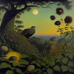 High definition photography of a marvelous landscape, creepy, bird, trees, flowers, giant sun, intricate, Audubon, atmosphere of a Max Ernst painting, Henri Rousseau, thoughtful, interesting, appalling, smooth