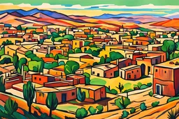 create a panoramic landscape of an ancient southwestern pueblo in the fauvist, expressionist art style of Oskar Kokoschka, Andre Derain , and Georges Rouault, highly detailed, 4k,