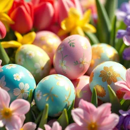 8K hyperrealistic photograph, 16:9 aspect ratio, cinematic lighting with shallow depth of field, slightly elevated close-up perspective. Focus: a cluster of Easter eggs, meticulously arranged amidst vibrant spring blossoms—daffodils (sunshine yellow), tulips (ruby red and blush pink), hyacinths (azure and emerald). Eggs feature flawlessly smooth, glossy surfaces reflecting soft, diffused sunlight, exhibiting intricate patterns: pastel floral motifs on azure and pink eggs; iridescent gold abstra