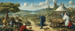 Salvador Dali & Hieronymus Bosch greet each other at an outdoor surrealist market, in a beautiful surreal outdoor countryside summer scene with fields & hedgerow, rolling hills, interesting dwellings, pathways & stairways, streams, waterfalls, waterwheels, & a flock of dream-like sky-fish fly high in the far distant sky : very high detail, photorealistic, epic cinematic, 8K, Large depth of field