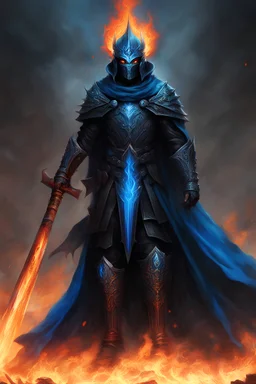 A warrior with a matte black combat helmet and eyes with bright blue flaming pupils, a black cape and a long coat with long combat boots and a long, sharp and fiery spear and with his helmet under A picture of hell with hellish people in tormenthis cape and two blue flames instead of eyes