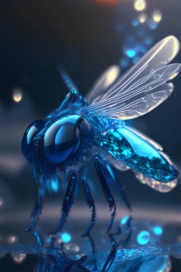 transparent gemstone fly, in blue fire chrome casino, high detail, 8k, cinematic, depth of field, art