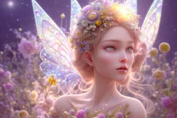 one very little beautiful fairy above one big crystal subtle flower in a galactic ambiance, transparent petals, delicate colors, in the foreground, full of details, smooth, bright sunshine，soft light atmosphere, light effect，vaporwave colorful, concept art, smooth, extremely sharp detail, finely tuned detail, ultra high definition, 8 k, unreal engine 5, ultra sharp focus