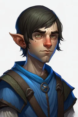 teen half orc with blue clothing short hair