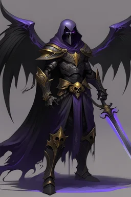 grim reaper knight hero with black wings and cool black plate armor trimmed in gold and purple with a flowing black cape