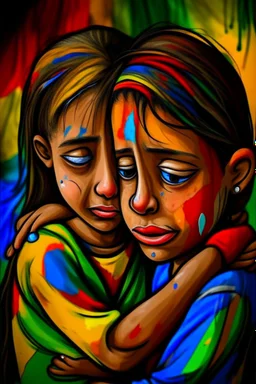 a girl hug her brother and both crying sadly, expressionism, Pixar style, in abstract art Basquiat, Picasso, Miro, Kandinsky, Klee, Birell, Fairey, Ardon, Buffet aand Picasso style, HD --s 750 --v 5.1 --style raw, water color