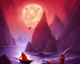 sango fantasy, fantasy magic, intricate, sharp focus, illustration, highly detailed, digital painting, concept art, matte, Greek mythology Charon ferryman, skeleton in full length cape, in boat on river styx, sharp jagged rocks, red purple blue colours, red hot lava river