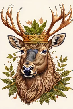 An elk wearing a royal Crown made of leaves.