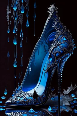 dark fantasy, intricate cover, a whimsical fairytale, high-heeled shoe made of blue glass with drops of blood underneath