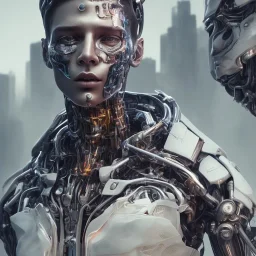 portrait 2 robots face, lionel messi perfect face and kylian mbappe perfect face and portrait post-apocalypse perfect cyborgs in a cyberpunk city, sci-fi fantasy style, 8k,dark