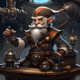 A grey-skinned fantasy gnome mad scientist with steampunk clothing and accessoirs, on a pirate ship with a flintlock pistol in his hand, no beard