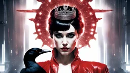 high resolution, best quality, cinematic shot, , full body shot wide angle, blade runner, woman in red , with a black crow on her shoulder, the woman has got a crystal white crown on her head. stars are reflecting in the glass crown