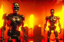 4K, two characters, a Terminator, a human hard rock fan, moving through a burning radio studio.