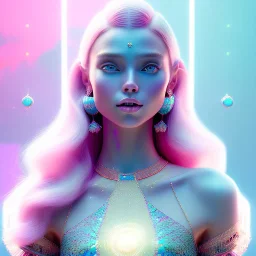 A portrait of a crystalised girl,smiling, laughting longs thin hairs blue, atmospheric, realistic,, cinematic lighting, octane render,, pink turquoise light, white skin, pink atmosphere, nice smile, jewels brillant, blue eyes, soft face, big smile