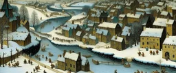 A light bluish silver small town near a frozen creek painted by Pieter Bruegel the Elder