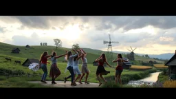 a group of young people are dancing to camera in village center squre over high grassy hills,a small fall and river and wild flowers at river sides, trees houses ,next to Ripe wheat ready for harvest farm,windmill ,some people standing looking the dancers,a few village local shops ,cloudy sun set sky