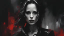 Kate Beckinsale as a sexy vampire warrior in black leather and a corset in a london street under the moon :: dark mysterious esoteric atmosphere :: digital matt painting with rough paint strokes by Jeremy Mann + Carne Griffiths + Leonid Afremov, black canvas, black white and red, highly detailed face