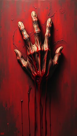 Bosch style painting , A 3D evil hand out of red and black bloody wall trying to grab you with blood dripping from it