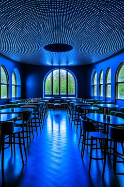 A restaurant whose outer walls are oval in shape and its interior is blue and its floor is light with a bar table in the middle of the restaurant in the shape of an oval containing 30 chairs and there are no windows in the restaurant