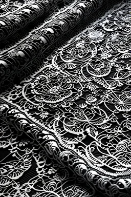 flatlay of black french chantilly pizzo pattern on a white matt surface, Solstiss, tilable, made for seamless Material, light creamy color, very detailed