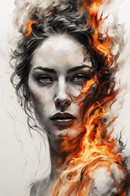 art, abstract, portrait of a woman with burning edges, white background, (intense and emotional visual experience:1.5), (captivating and fiery ambiance:1.3), (dramatic and captivating essence:1.2), (fiery details:1.3)