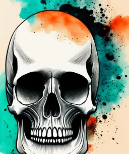 minimal lineart skull. watercolor and ink. black background. teal and orange