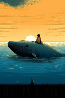 a distance angle of a giant whale who is half in the water and with a kid laying and watching the sky on top of it. childrens book illustration.