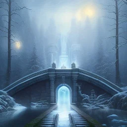 fantasy art, book cover, upper body of big mad wizard in front of the ebony stairs of a bridge or dam ,icy water, on the bridge is a wolf, there is also a hawk and everything is seen from the tree tops