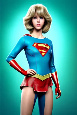 Waist up portrait, blonde, Jane Fonda, make-up, happy, Realistic image, retro pop, 60s, supergirl, tights minimal dress, sweat, Color background, photo studio, concept art, smooth, unreal engine 5, god lights, ray tracing, RTX, lumen lighting, ultra detail, volumetric lighting, 3d, finely drawn, high definition, 4k.