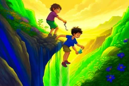 a boy is hanging on the edge of a cliff, holding on, another boy is helping him, holding his hand from above, flowers on the edge of the cliff, waterfall in the sunlight in the background