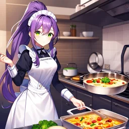 girl, masterpiece, best quality, volumetric lighting, detailed outfit, perfect eyes, purple hair, long hair, green eyes, ponytail, maid, indoors, cooking food,